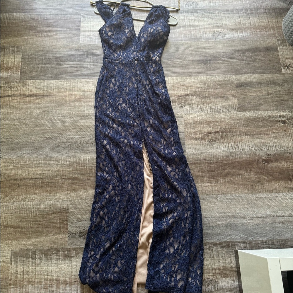 Blue Lace Maxi dress with gold halter